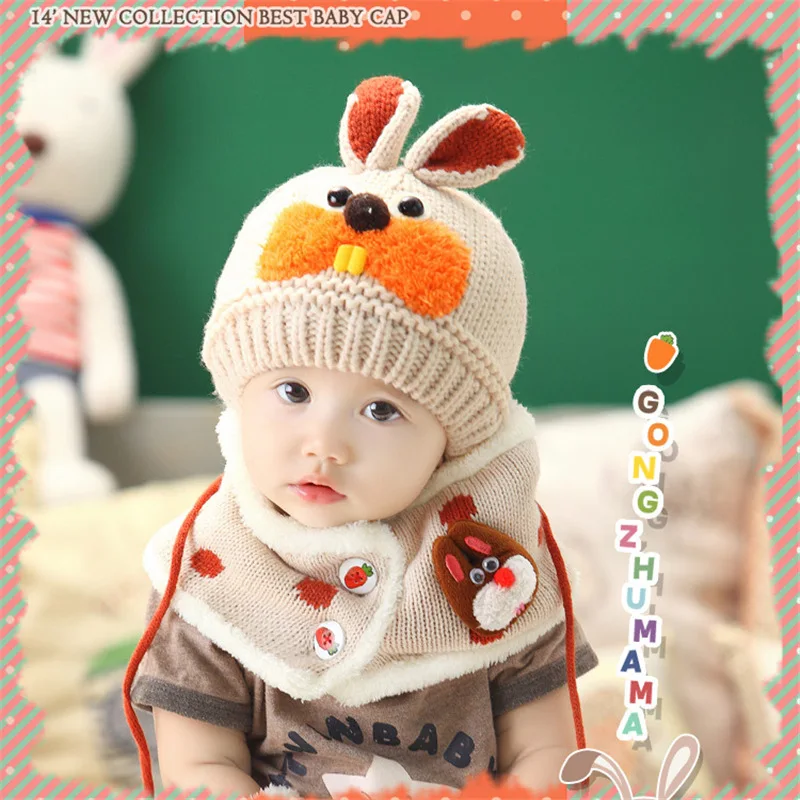 Детский комплект с шапочкой и шарфом для детей 1-4 лет, Зимний милый мультфильм, Корея, Теплый Бархатный шарф с кроличьим зубом, вязаная шапка, шарф, комплект