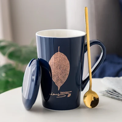 With spoon OUSSIRRO, 420 мл, пара чашек, керамическая кофейная кружка с ложкой, чехол, креативный подарок на день Святого Валентина, свадьбу, день рождения - Цвет: With spoon