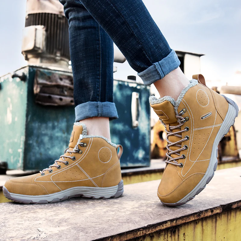 

2020 Winter Snow Boots Men Casual Cow Split Leather Shoes Motorcycle Comfortable Flat Men Boots Lace-up Shoes Male Ankle Boots