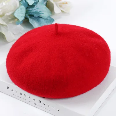 Женские береты на весну и зиму, шапка в стиле художника, женские шерстяные винтажные береты, однотонные кепки, женская шапка, теплая прогулочная шапка - Цвет: red