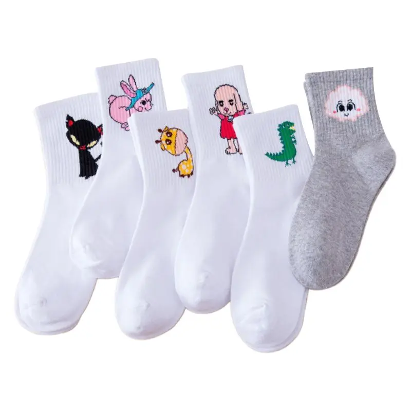 5 пар, женские хлопковые носки Harajuku с мультяшными животными, унисекс, хипстерские спортивные Чулочные изделия