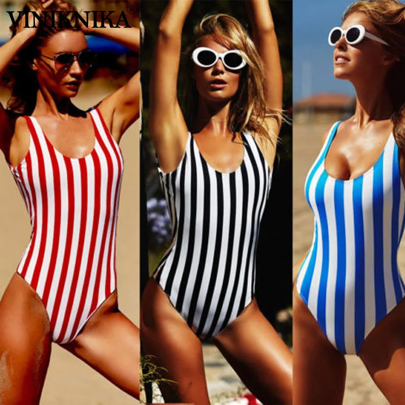 

2019 Women Blue Black Sexy One-Piece Stripe Suit Swimwear Swimsuit for Women Push up Padded Bikini Monokini Beachwear Summer