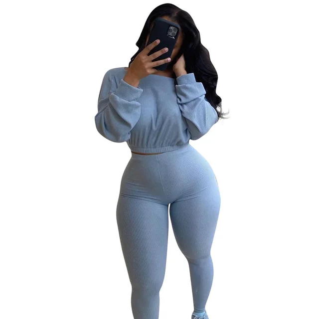 2Pcs Women's Long Sleeve Sportswear Solid Color Elastic Ribbed Crop Top  Tight-fitting Long Pant Outfit Set Hot Suit - AliExpress Women's Clothing