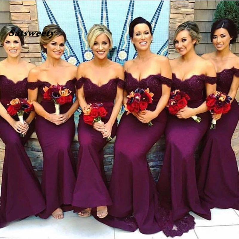 Mermaid-Vestido-De-Festa-Longo-Off-The-Shoulder-Dark-Purple-Bridesmaid-Dresses-Wedding-Maid-Of-Honor