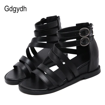 

Gdgydh European Retra Gladiator Sandals Ankle Strap Women Wedges Shoes For Summer Black Leather Rome Shoes Beach Back Zipper New