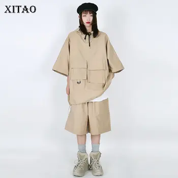 

XITAO Tide Fashion Two Piece Set Pocket Top Women Clothes 2020 Spring Hip Hop Elastic Waist Drawstring Knee Length Pants DMY3511