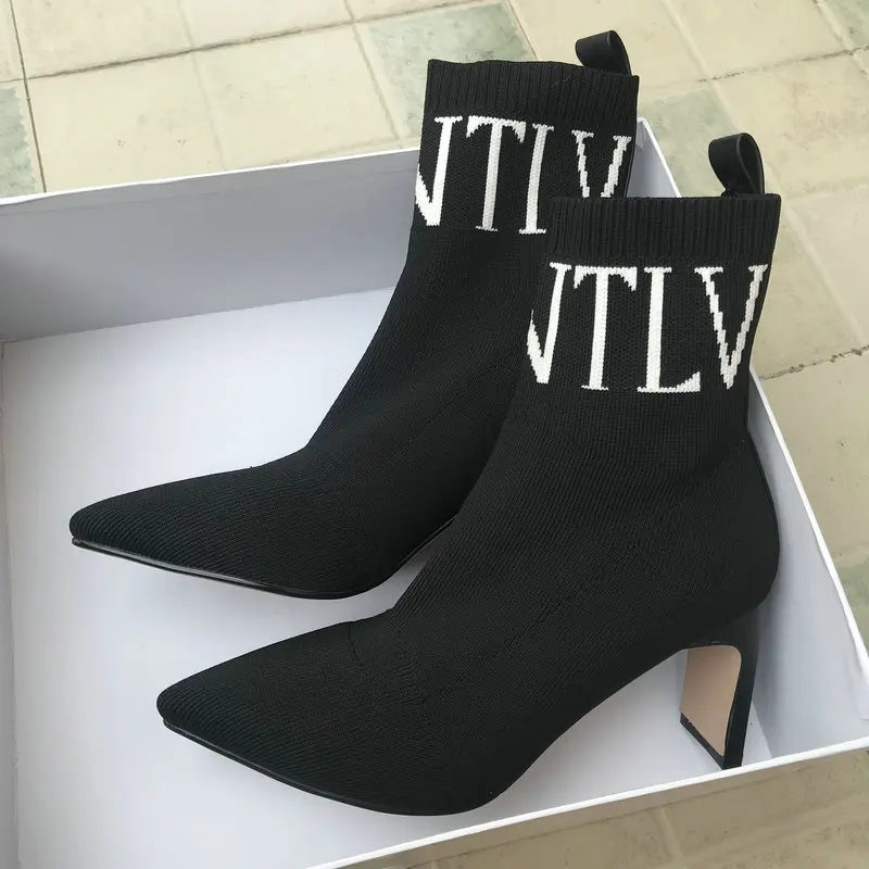 Botas de tacón alto y puntiagudas para mujer, medias para botas negras, sin  cordones, elásticas, para primavera y otoño - AliExpress Calzado