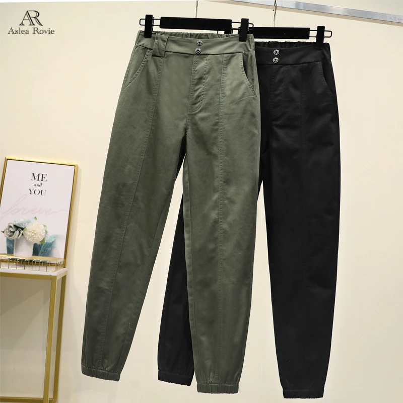 Cargo Pants Women High Waist Plus Size Casual Loose Broadcloth Elastic Waist Ankle-length Army Green Black Trousers Women Cargo Pants Women High Waist Plus Size Casual Loose Broadcloth Elastic Waist Ankle-length Army Green Black Trousers Women