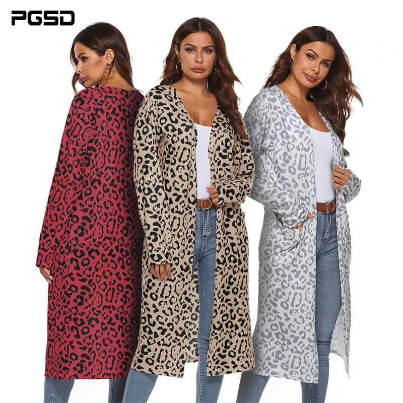 

PGSD New Autumn winter Long sleeves Leopard print Women clothes cardigan pocket casual long Loose soft Knitted outer wear female