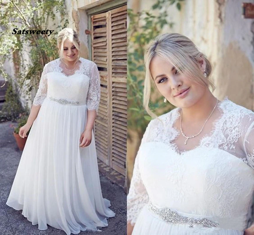 Plus-Size-Wedding-Dresses-With-Crystals-Sash-Half-Sleeve-Vestidos-De-Novia-Boho-Chiffon-Bridal-Gown