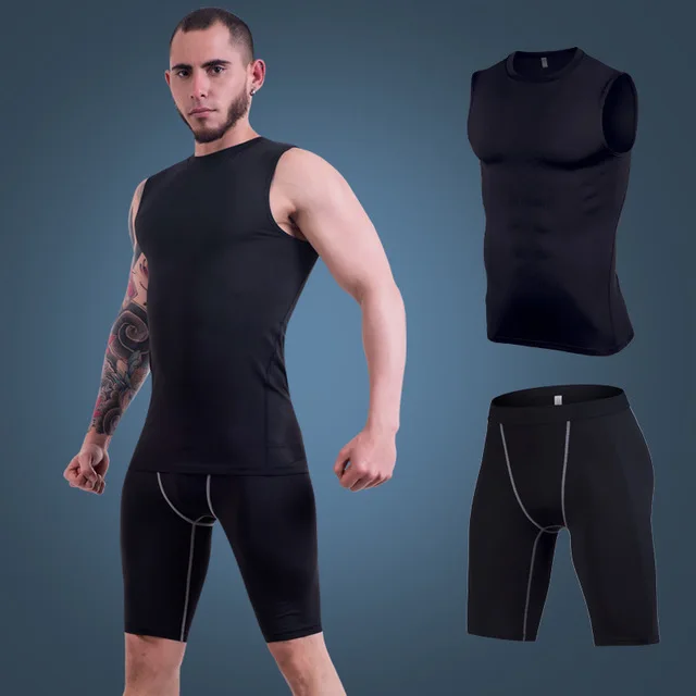black black Мужские Компрессионные спортивные жилетки+ шорты, комплекты из 2 предметов для бега, Быстросохнущий мужской спортивный костюм, спортивные костюмы, летняя спортивная одежда для фитнеса - Цвет: black black