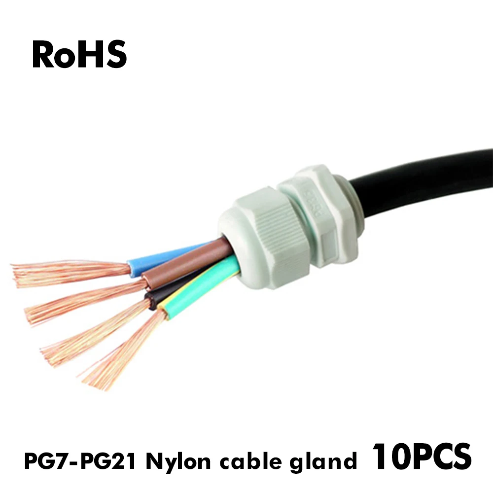 Factory Direct 10pcs PG Gray Type IP68 Waterproof Cable Gland PG7 for 3-6.5mm PG9 PG11 PG13.5 PG16 PG21 Nylon Plastic Connector