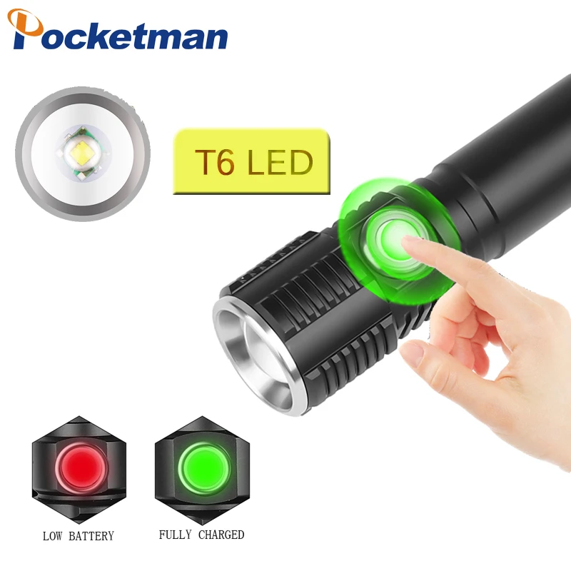 

5000LM Flashlight Touch Switch Zoomable LED Flashlight USB Rechargeable Torch Waterproof LED Torch Use 18650 Battery