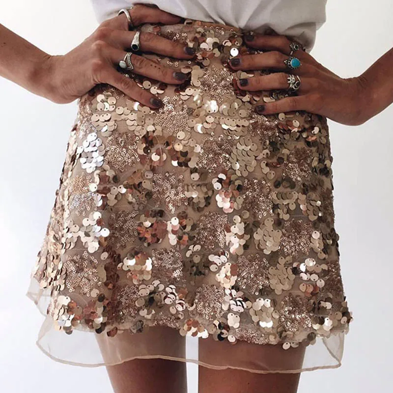 Women Skirt Sexy High Waist A-line Party Nightclub Above Knee Mini Skirt Sequin Skirt Sexy Mesh Zipper Women Ladies Short Skirts