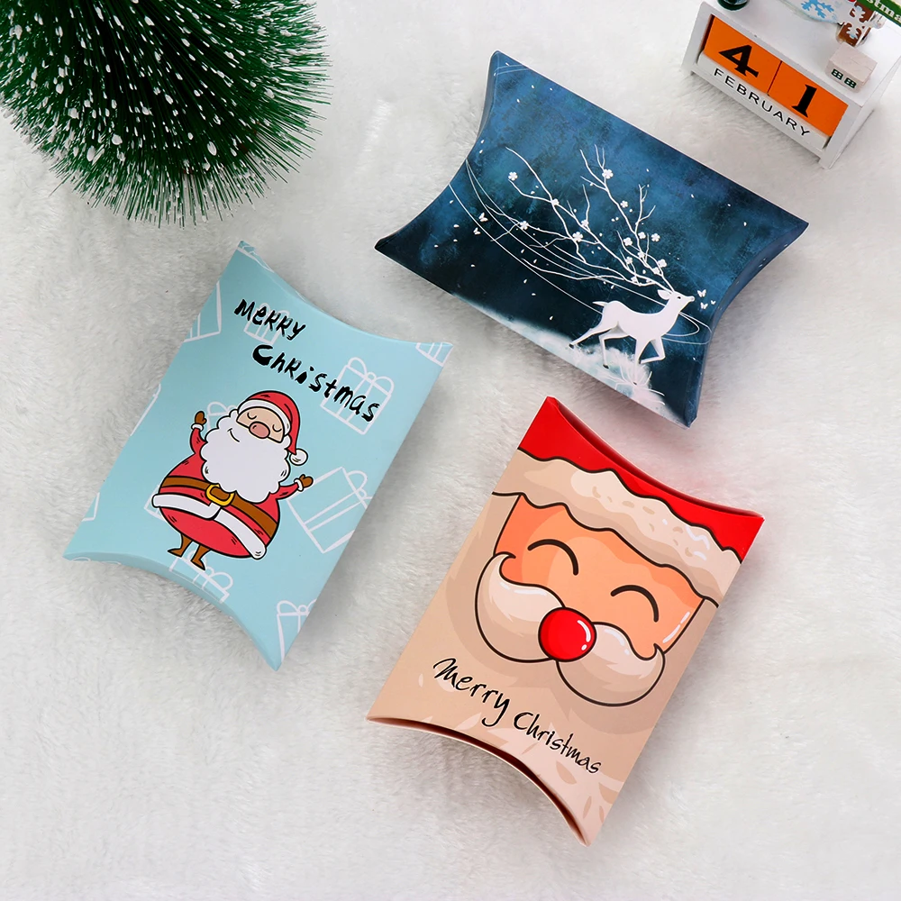 

5/10PCS Christmas Gift Box Santa Claus Face Pillow Shape Happy Christmas Candy Box Bag Colorful Paper Cookies Box Xmas Gift Bag