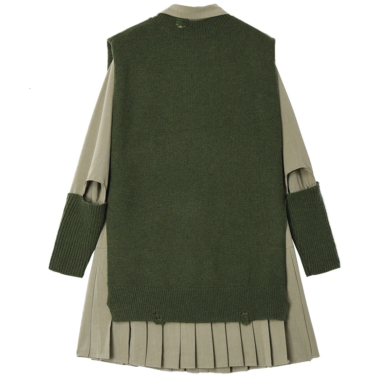 [EAM] женское зеленое трикотажное плиссированное платье с разрезом из двух частей, новинка, с отворотом, длинный рукав, свободный крой, Мода весна-осень 19A-a109