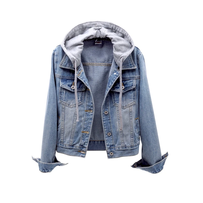 Джинсовая куртка с капюшоном в уличном стиле Женская демисезонная однобортная