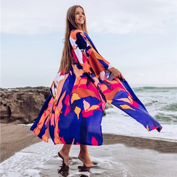 

Ladies Tropical Bikini Cover-up Bohemian Printed Long Kimono Cardigan Plus Size Women Summer Cotton Beach Wear Swim Suit Tunics