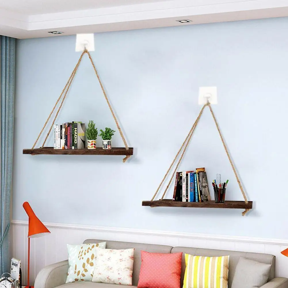 

Wood Swing Hanging Rope Wall Mounted Floating Shelves decoration Flower indoor Plant simple outdoor Pot design J2B6