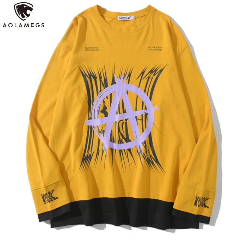 

Aolamegs T Shirt Bright Color Hip Hop Printed Full Sleeve T Shirt Spring Fake 2 Pieces Rock Hipster Tees Tops Fashion Streetwear