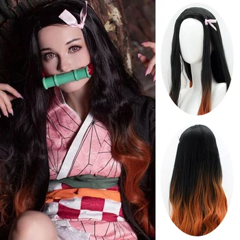 

LUPU Demon Slayer Kamado Nezuko Synthetic Wig With Bangs High Temperture Fiber Anime Cosplay Wigs For Women 100CM