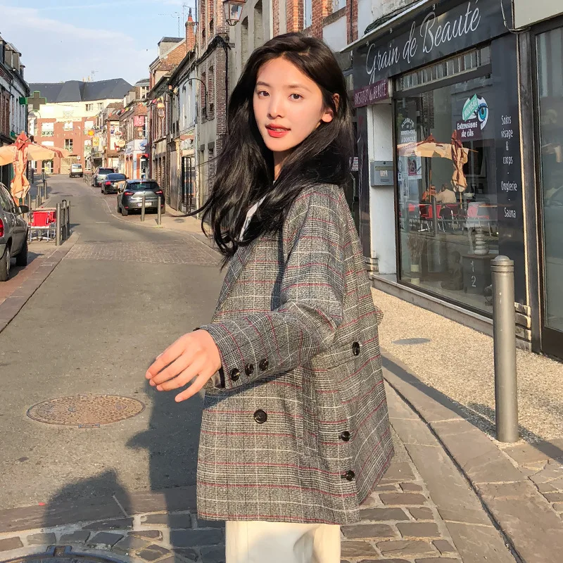 

20192018 Autumn Clothing New Style CHIC Small Suit Women's Plaid Ol Double Breasted Korean-style Slim Fit Elegant Coat Fashion