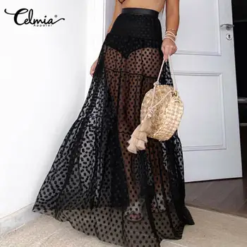 

2020 Summer Women Polka Dot Bohemian Maxi Skirts Sexy See Through Mesh High Waist Skirt Casual Party Beach Sundress Bikini Skirt