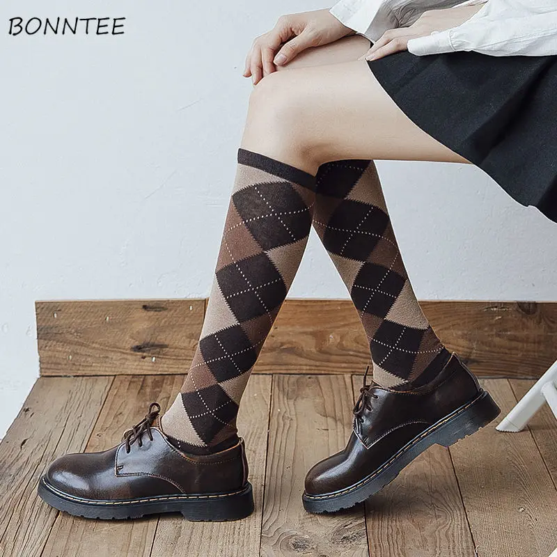 Socks Women 3 Pairs High Tube Argyle Jk Autumn Fashion Japanese Preppy Style Lolita Tender Elasticity Harajuku All-match College | Женская