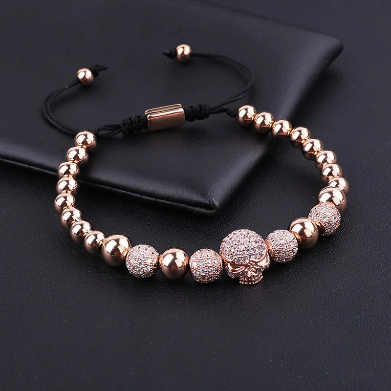 High Quality Luxury Men Jewelry Bracelet 8mm CZ Micro Pave Ball Skull Charm Adjustable Beads Macrame Bracelet - Image 6