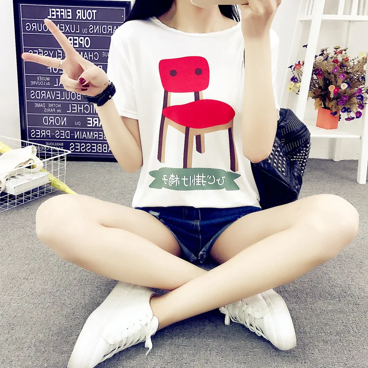 

Summer New Style Versatile Cartoon Printed Pattern Short-sleeved round Collar T-shirt Women's Literature And Art Hipster