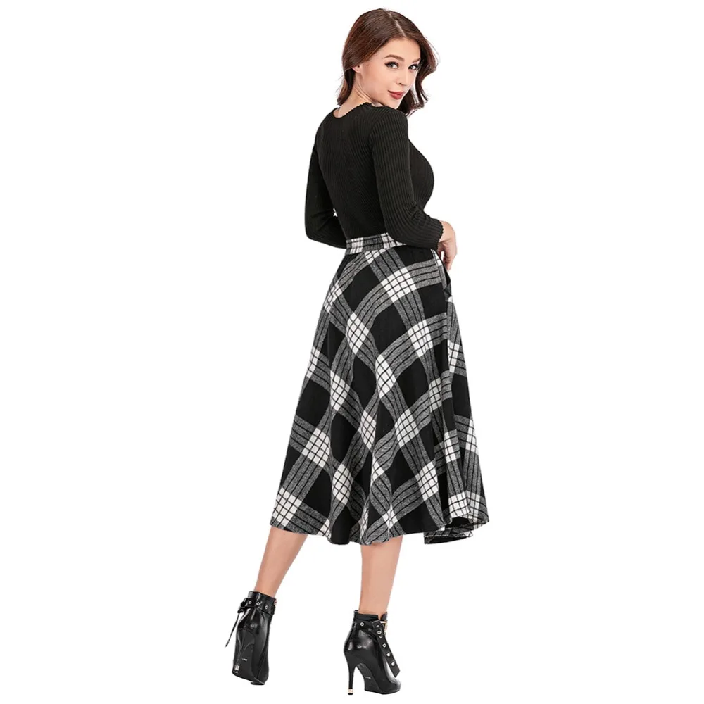 High Waist A Line Women Long Skirt Plus Size 4XL England Plaid Woolen Ladies Skirts Woolen Pleated Tartan Female Bottom