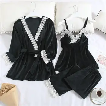 

Autumn Winter Women Pyjamas Sets Warm Coral Flannel Three Piece Nightgown Patchwork White Lace Sleepwear Suit