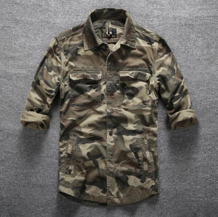 Khaki Camouflage Весенние мужские рубашки с длинным рукавом камуфляжные хлопковые летние мужские мешковатые военные повседневные рубашки карго Рабочие Рубашки Топы XXL - Цвет: Khaki Camouflage