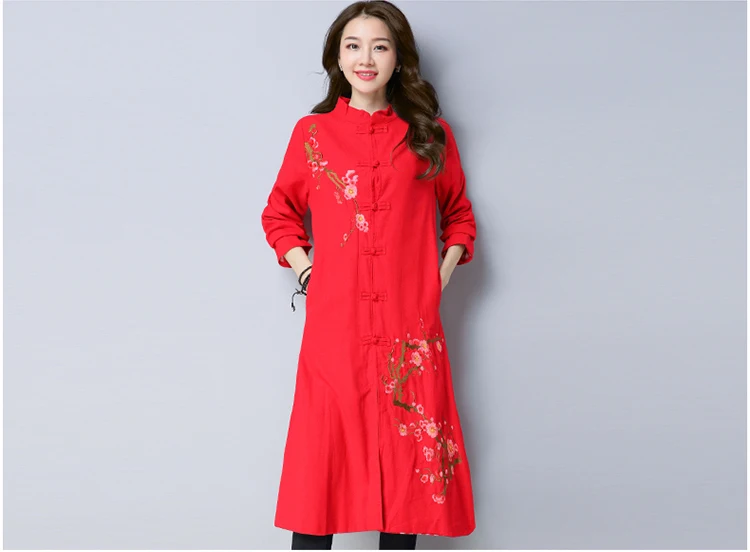 Autumn And Winter New Style Ethnic-Style WOMEN'S Dress Chinese Style Embroidered Loose-Fit Long Cotton Linen Coat E2090