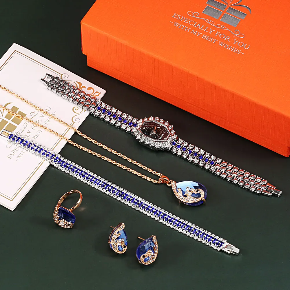Exquisite Ladies Watch Gift Set Quartz Blue Watch Ladies Bracelet Necklace Earrings Ring Kit Beautiful Christmas Wedding Gifts