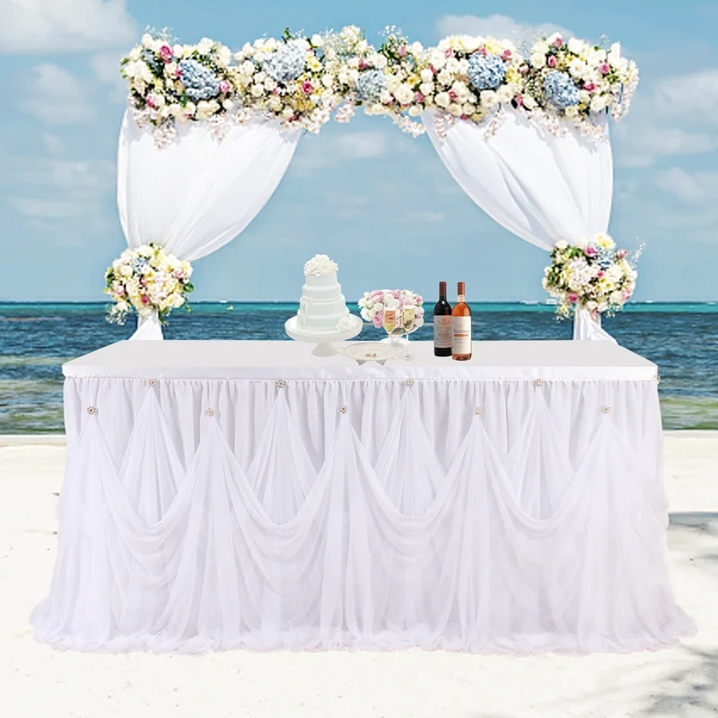 

High Quality Table Skirt Wavy Folds Diamond-inlaid Design Table Skirt for Baby Showers Wedding Valentine's Party Decoration