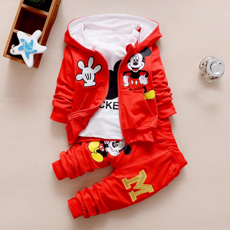 3 шт./компл. Детские комплекты одежды для маленьких мальчиков и девочек с Микки Маусом Мышь пальто с капюшоном+ футболка+ штаны, детский спортивный костюм для детей Костюмы - Цвет: Красный