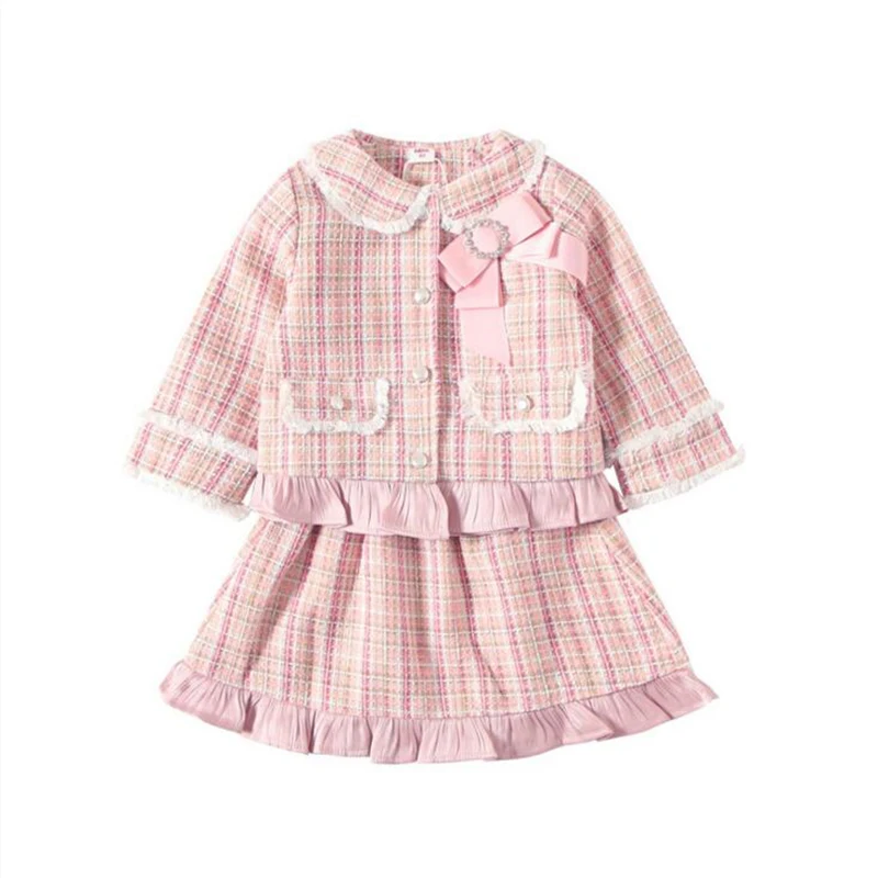 2 Pcs Elegant Girls Plaid Clothing Sets Princess Long Sleeve Kids Clothes Fashion Clasic Autum Children Casual Party Suits