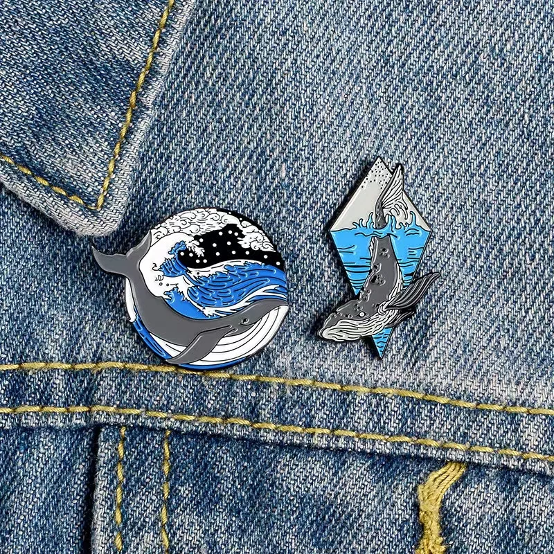 Wholesale Ocean Grey Whale Pins Blue Sea Raging Waves Enamel Badge Collar Brooch Lapel Pin Backpack Jewelry Gift for Friend | Украшения и