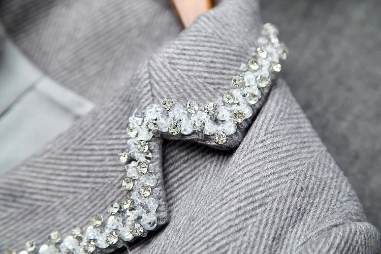 Women autumn winter dress long sleeve ruffles hem diamonds beading brand desinger double breasted notched collar woolen dresses