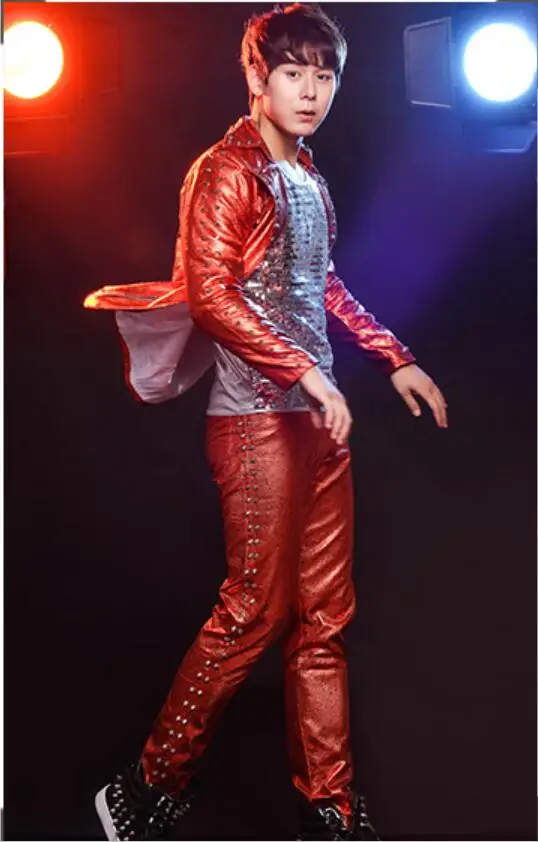 S-6XL!Men's street dance set drum liu nail men's song watch performance clothes rivet leather jacket suit - Цвет: jacket and pant