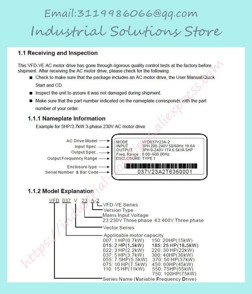 Вход 3ph 220V выход 3ph инвертор VE серии VFD110V23A-2 0~ 240V 49A 0~ 600Hz 11 kw 15 hp