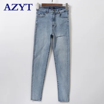 

AZYT Korean High Elasticity Slim Hole Straight Denim Pants For Women 2020 High Waist Solid Sexy Tight Elastic Jeans Female