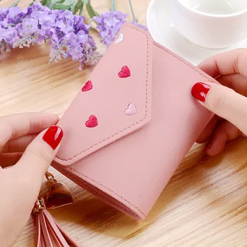 

Japanese Multi-function Women's Mini Wallet Candy Color Heart-shaped Embroidery Women Short Wallet Cute Coin Purse Card Package