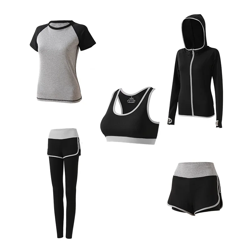 5PC Yoga Set Sports Wear For Women Gym Clothing Fitness Leggings Bra Women's Sports Suits Workout Outfit Running Clothes Set - Цвет: Gray-5pcs