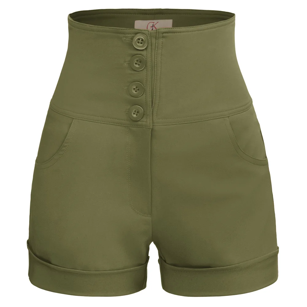 Army Green Женские шорты, облегающие, высокая талия, тянущиеся, мини, одноцветные, с пуговицами, сексуальные, Клубные, вечерние, пляжные, сексуальные, летние, женские шорты - Цвет: Army Green