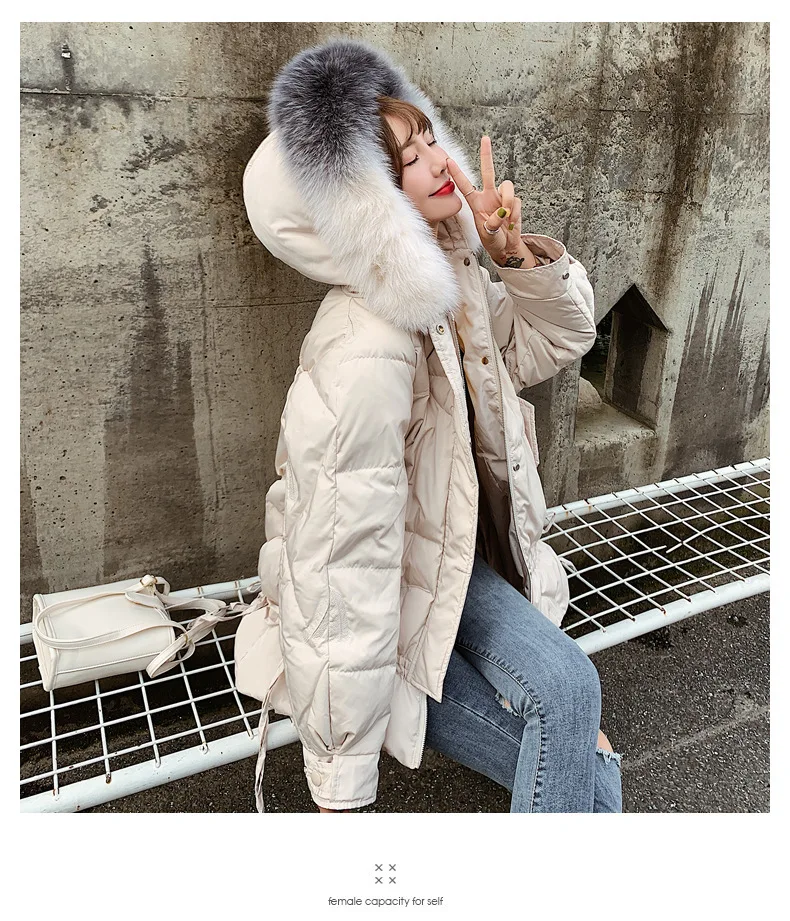 Autumn And Winter Down Jacket Women's Short-height Korean-style Loose-Fit Fox Fur Collar Pike off Season Mid-length White D