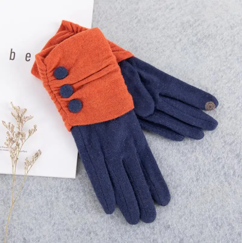 3 buckle Orange blue YRRETY, женские кашемировые перчатки для улицы, Осень-зима, женские теплые перевернутые рукавицы, хлопковые перчатки на запястье, однотонные женские шерстяные перчатки - Цвет: 3 buckle Orange blue