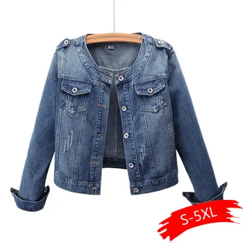 

Plus Size Round Collar Jeans Jacket 5XL Sweet Women Light Blue Bomber Short Denim Jackets Long Sleeve Jaqueta Casual Coat