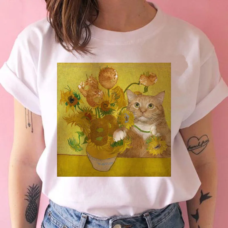 Mona lisa cat Футболка ulzzang Женская Хип-хоп забавная Футболка модная harajuku kawaii женская футболка уличная 90s Tumblr - Цвет: 148